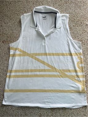 Puma White Sleeveless Polo with Yellow Stripe Design